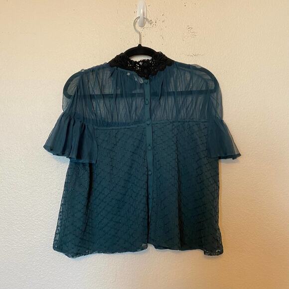 Tularosa Teal Textured Blouse Size XS Aritzia Dark Academia Sheer Tulle Lace - Picture 10 of 11
